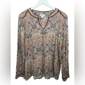 J. Jill Boho Velvet Piped Trim Long Sleeve Blouse Floral Tapestry Mature 2X